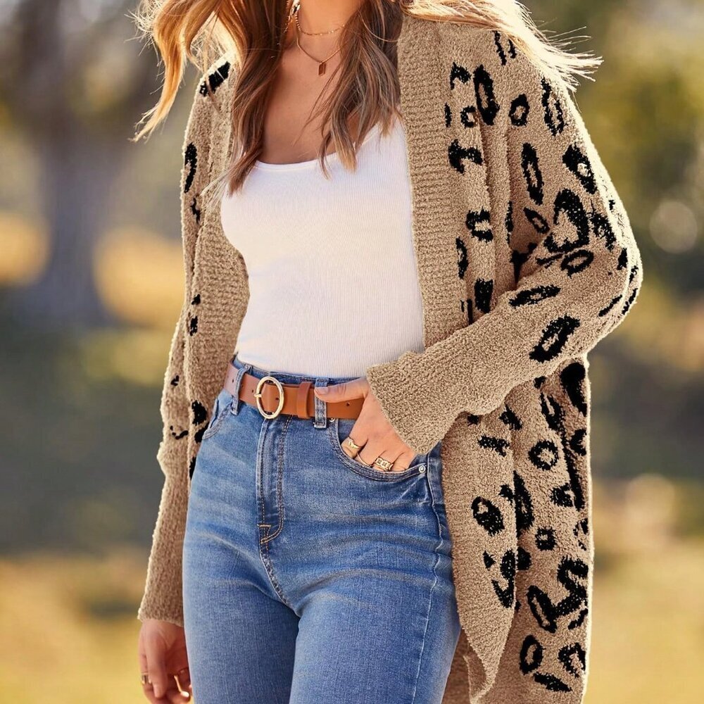 Khaki Casual Women's Leopard Print Knit Cardigan - Picture 3 of 4